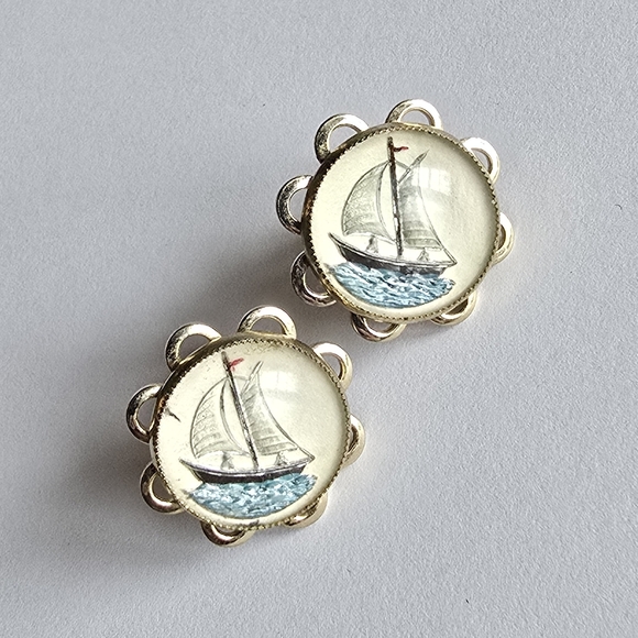 Vintage Jewelry - Vintage sail boat earrings screwback reverse carved painted bubble sailboat
